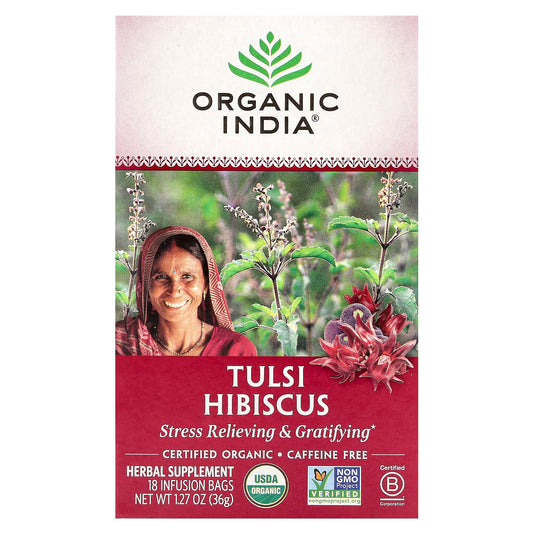 Organic India, Tulsi Hibiscus Tea, Caffeine-Free, 18 Infusion Bags, 1.27 oz (36 g) - Image 1