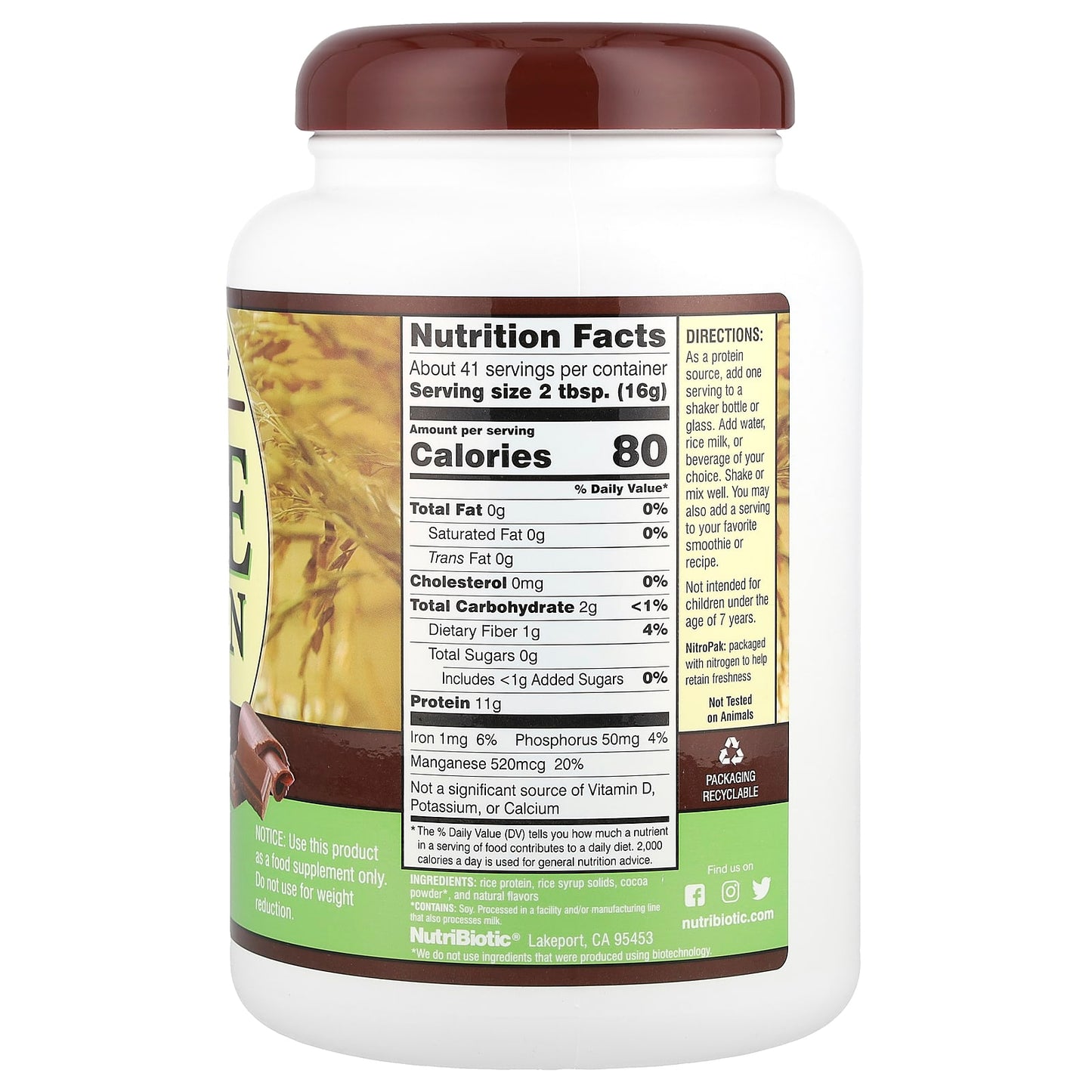 NutriBiotic, Rice Protein Powder, Chocolate, 1 lb 6.93 oz (650 g) - Image 2