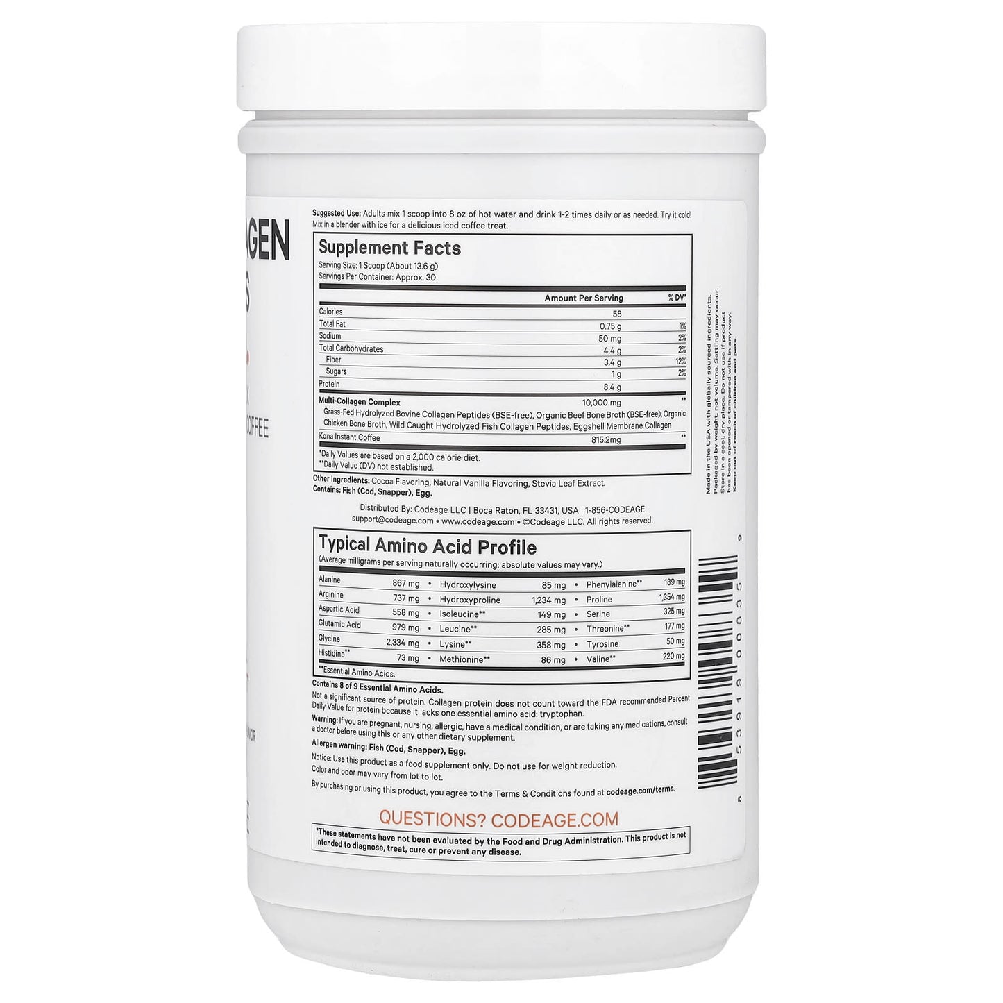 Codeage, Multi Collagen Peptides Powder, Chocolate Mocha, 14.39 oz (408 g)