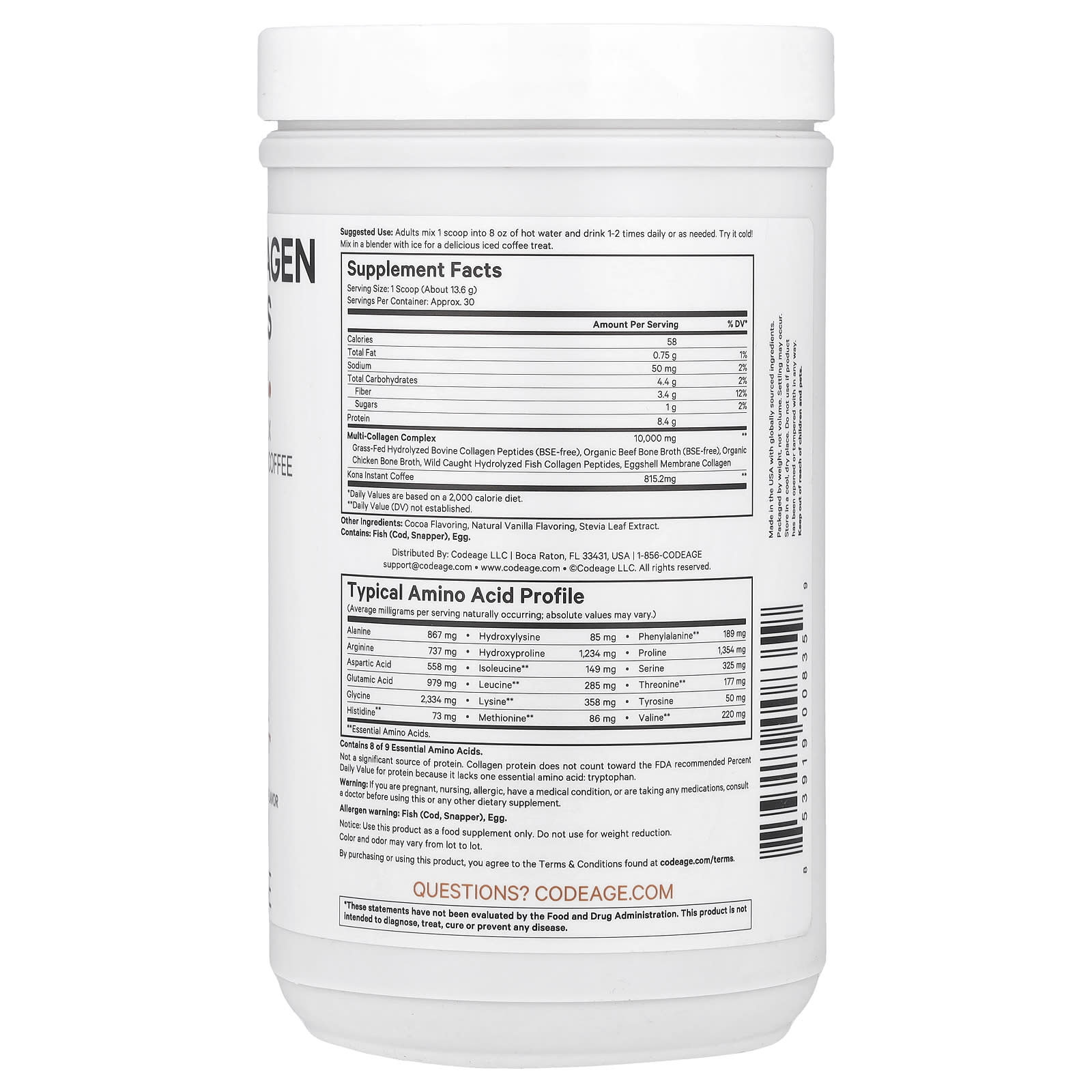 Codeage, Multi Collagen Peptides Powder, Chocolate Mocha, 14.39 oz (408 g)