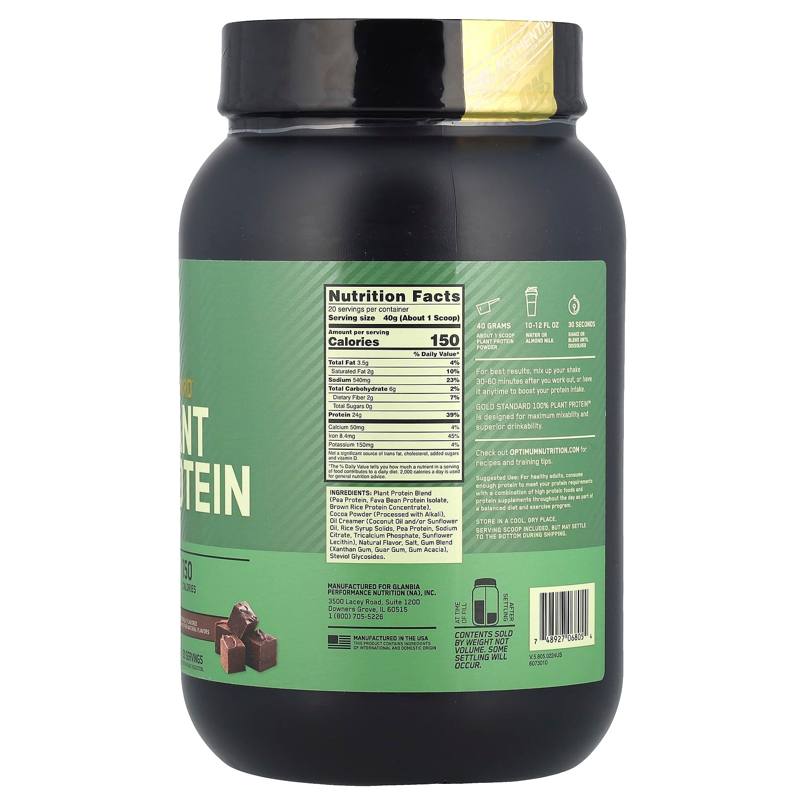 Optimum Nutrition, Gold Standard® 100% Plant Protein, Rich Chocolate Fudge, 1.76 lb (800 g) - Image 2