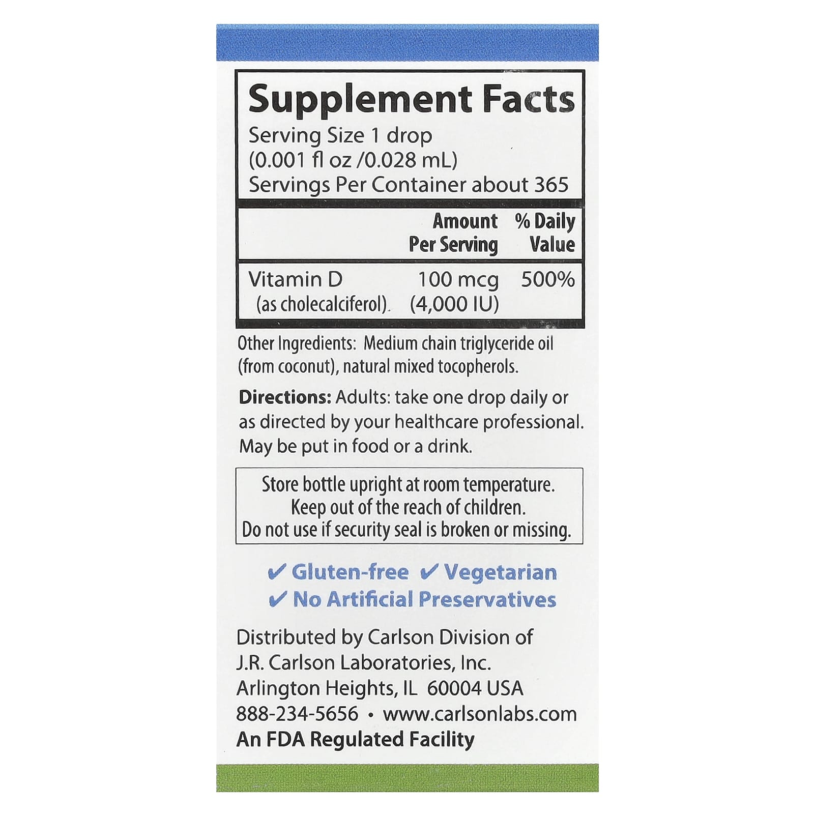 Carlson Vitamin D3 Liquid 4,000 IU (100 mcg) - 365 Days - Image 2