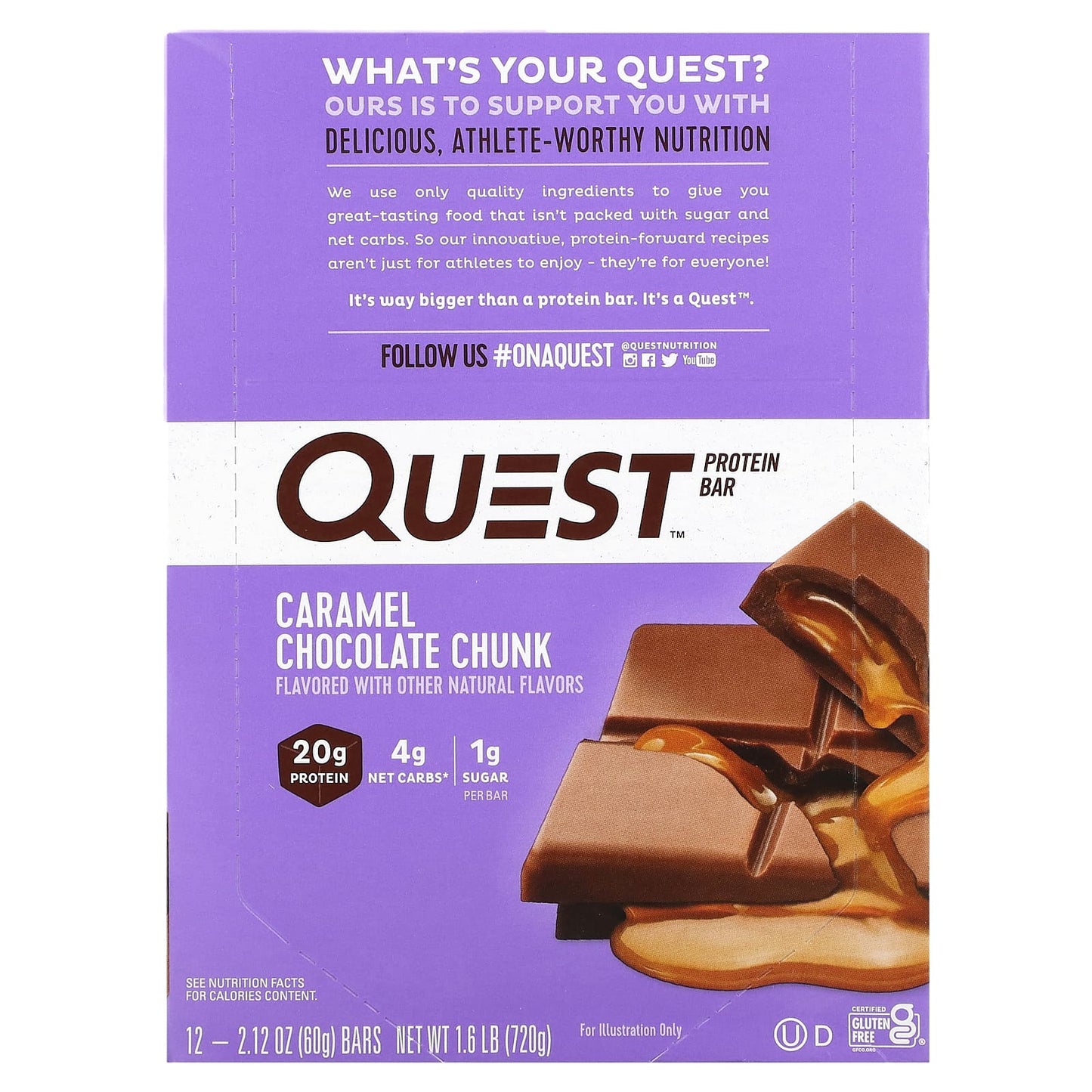 Quest Nutrition, Protein Bar, Caramel Chocolate Chunk, 12 Bars, 2.12 oz (60 g) Each - Image 1