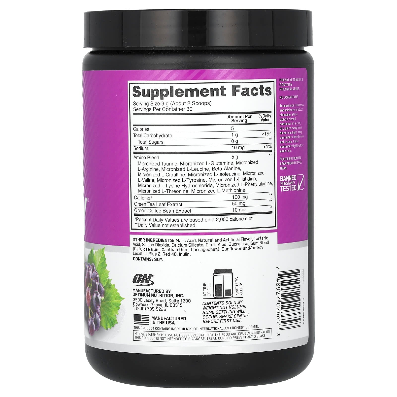 Optimum Nutrition, Essential AMIN.O. Energy, Concord Grape, 9.5 oz (270 g) - Image 2