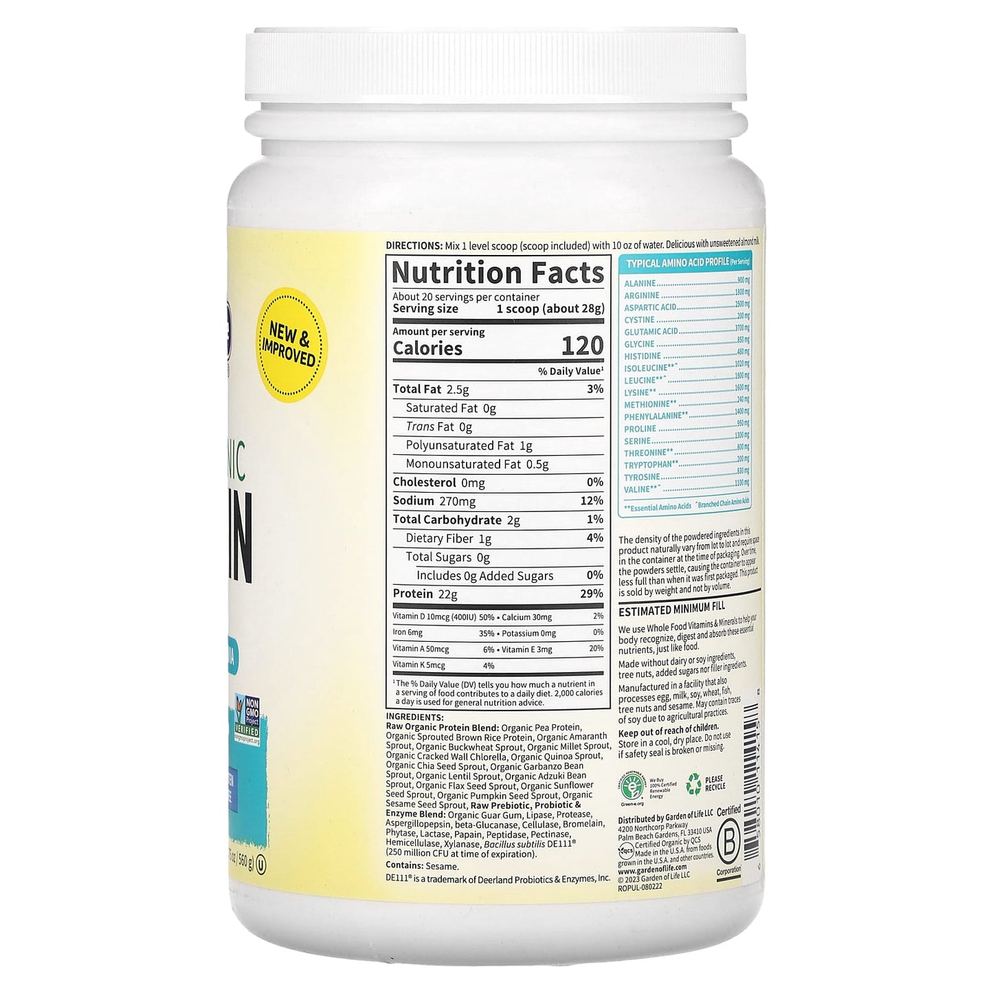 Garden of Life RAW Organic Plant-Based Protein Powder, 22g Protein, 19.75 oz - Image 2