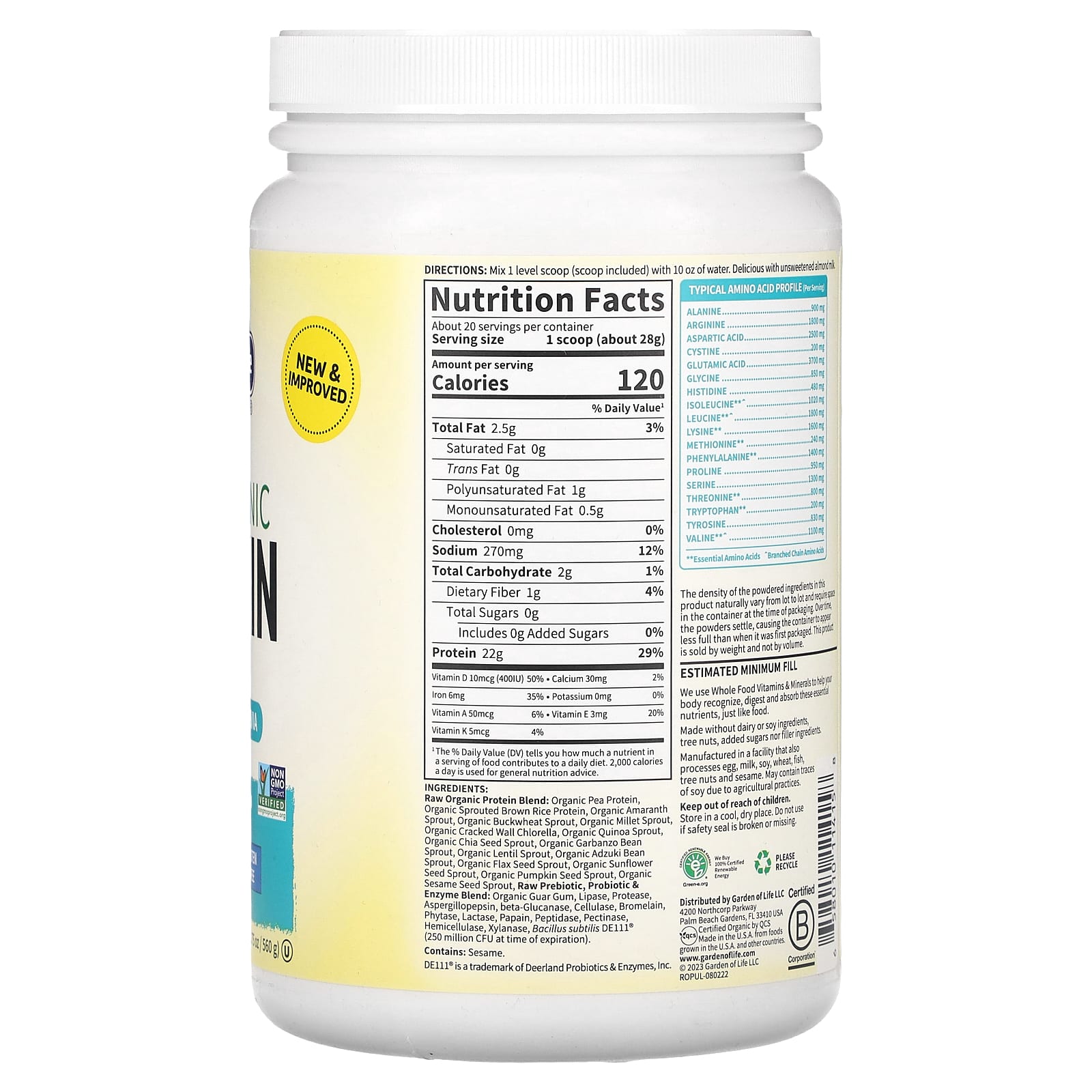 Garden of Life RAW Organic Plant-Based Protein Powder, 22g Protein, 19.75 oz - Image 2