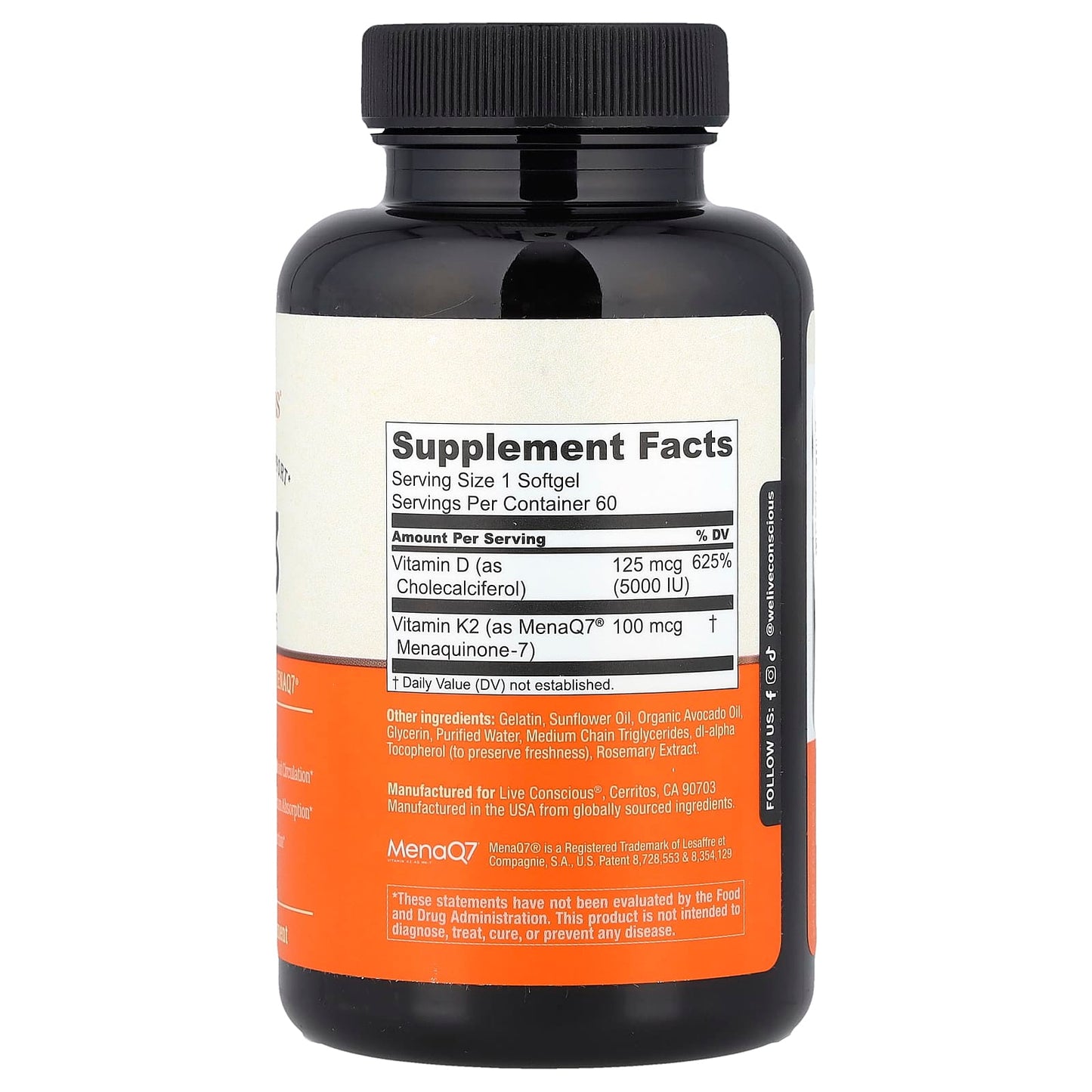 Live Conscious, K2+D3, 60 Softgels - Image 2