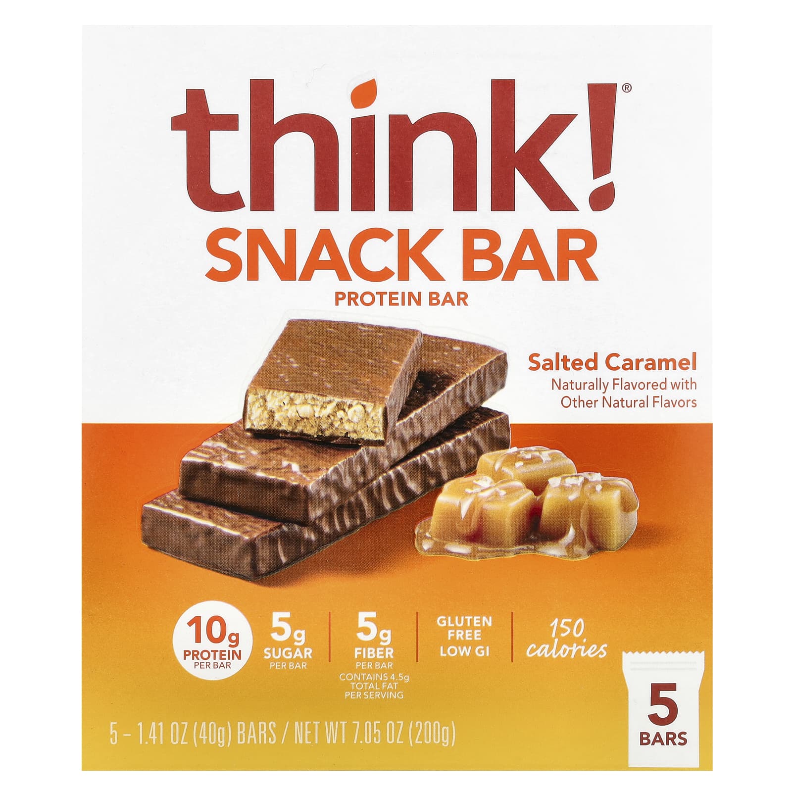 Think !, Snack Protein Bar, Salted Caramel, 5 Bars, 1.41 oz (40 g) Each - Image 1