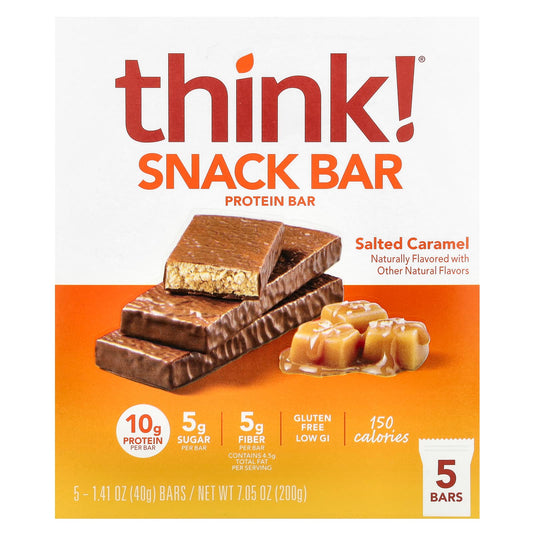 Think !, Snack Protein Bar, Salted Caramel, 5 Bars, 1.41 oz (40 g) Each - Image 1