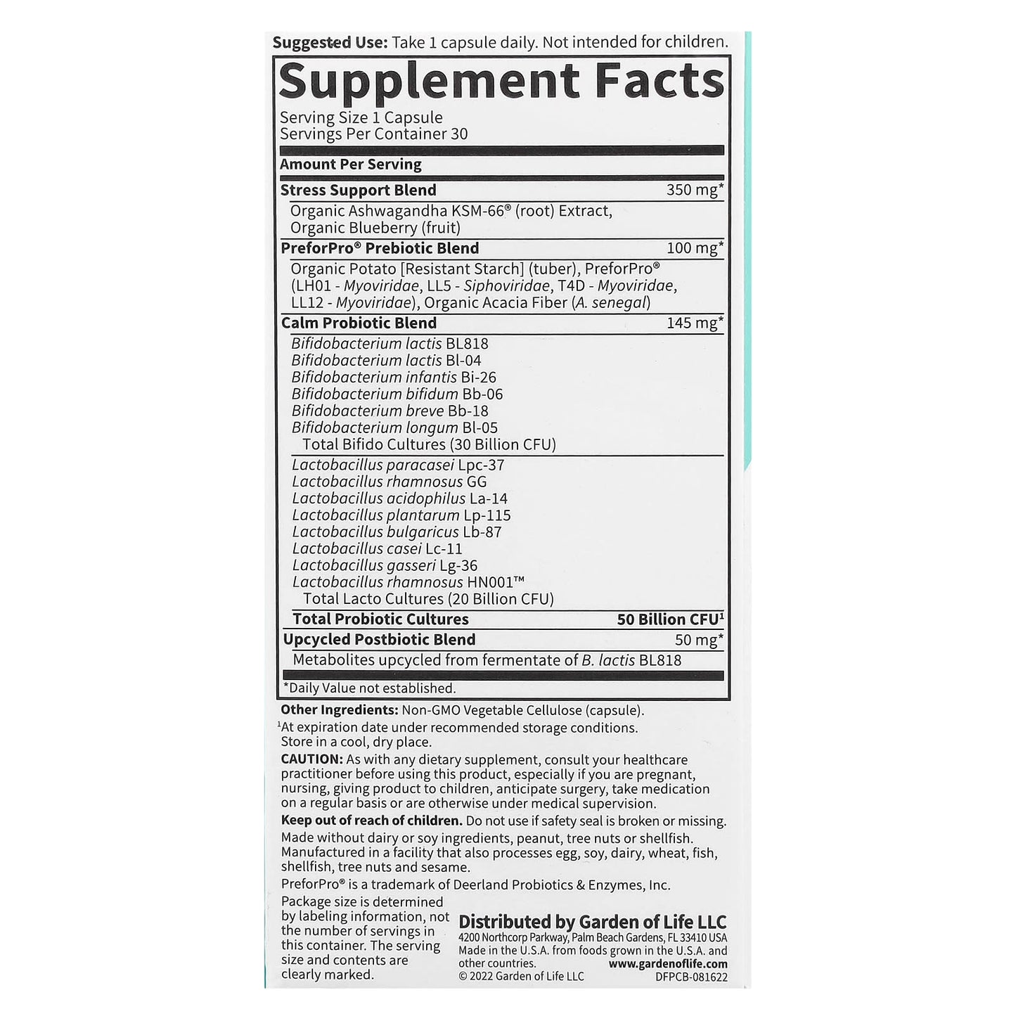 Garden of Life Probiotics Calm 50B 30 Capsules for Immune Digestive & Mood Support - Image 2