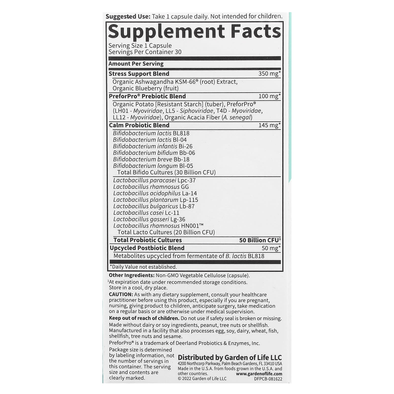Garden of Life Probiotics Calm 50B 30 Capsules for Immune Digestive & Mood Support - Image 2