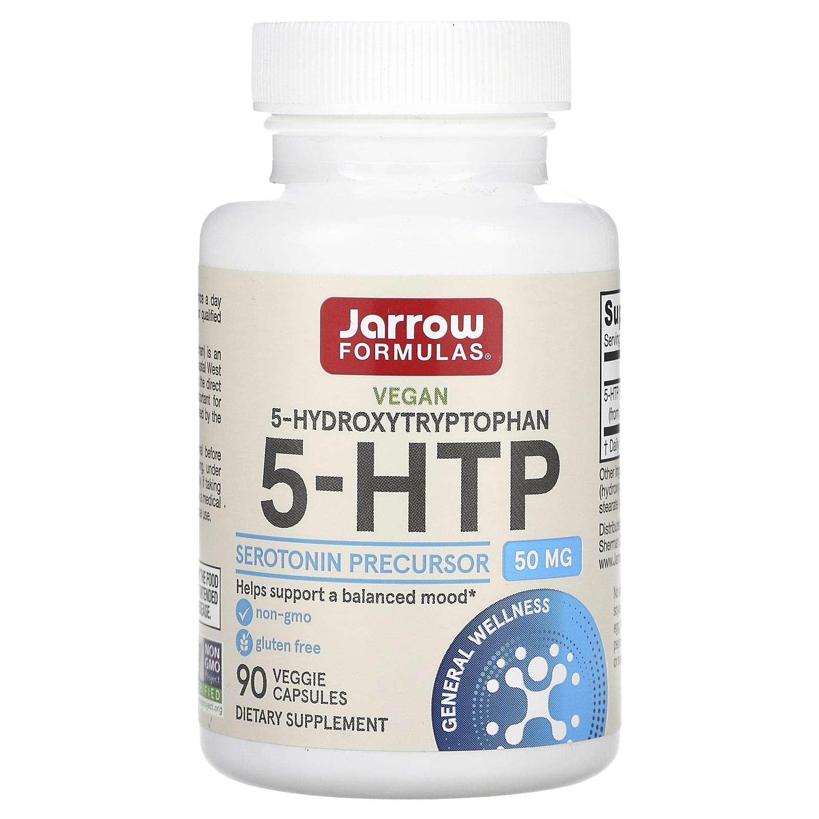 Jarrow Formulas 5-HTP 50mg, 90 Vegan Capsules for Mood Support - Image 1