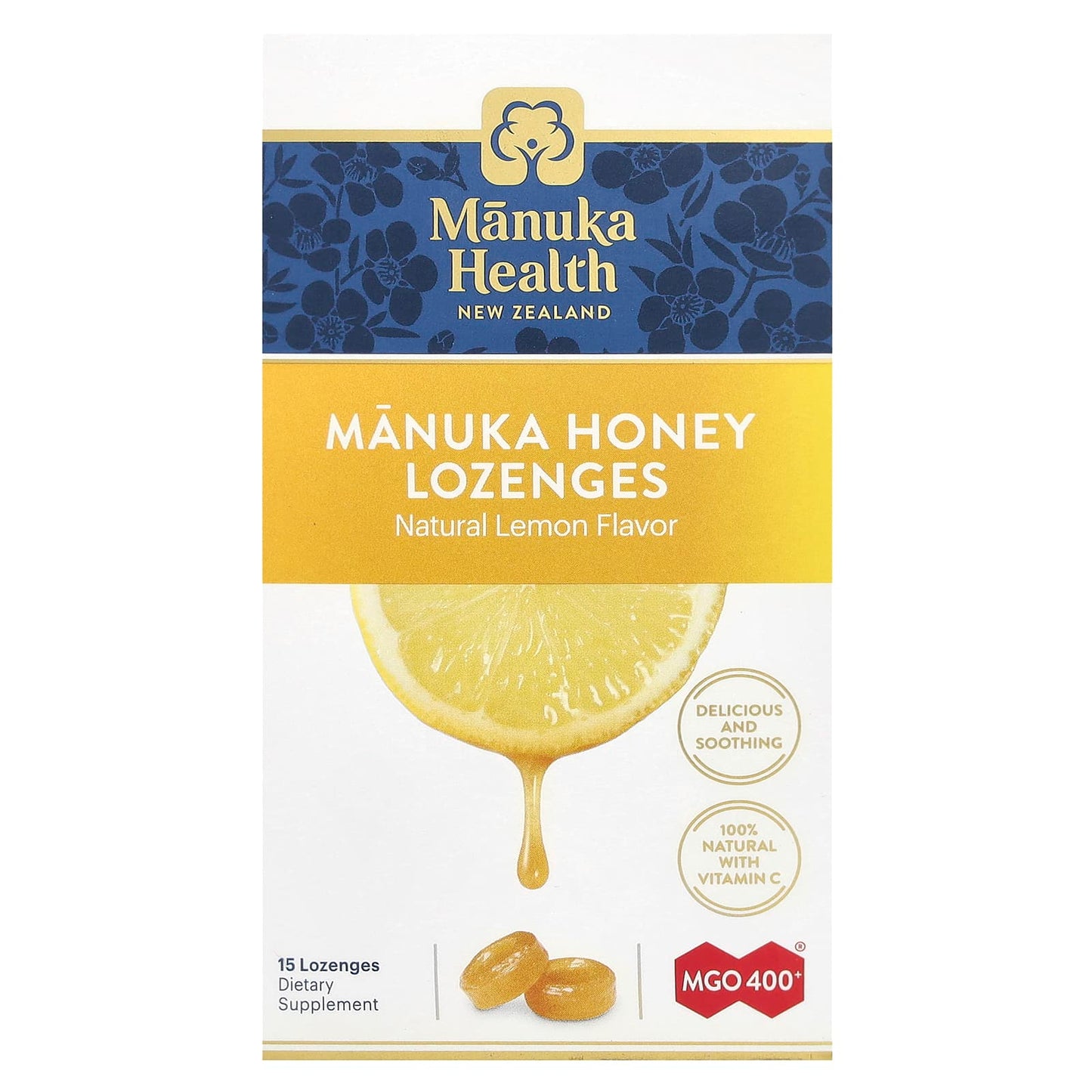 Manuka Health, Manuka Honey Lozenges, Natural Lemon, MGO 400+, 15 Lozenges - Image 1