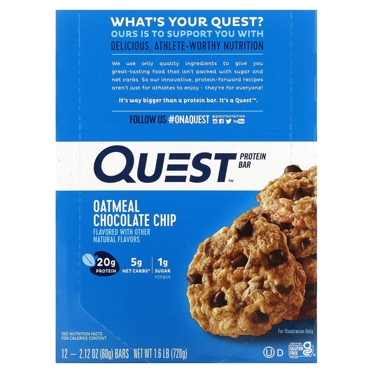 Quest Nutrition, Protein Bar, Oatmeal Chocolate Chip, 12 Bars, 2.12 oz (60 g) Each - Image 1