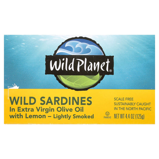 Wild Planet, Wild Sardines In Extra Virgin Olive Oil with Lemon, Lightly Smoked, 4.4 oz (125 g) - Image 1