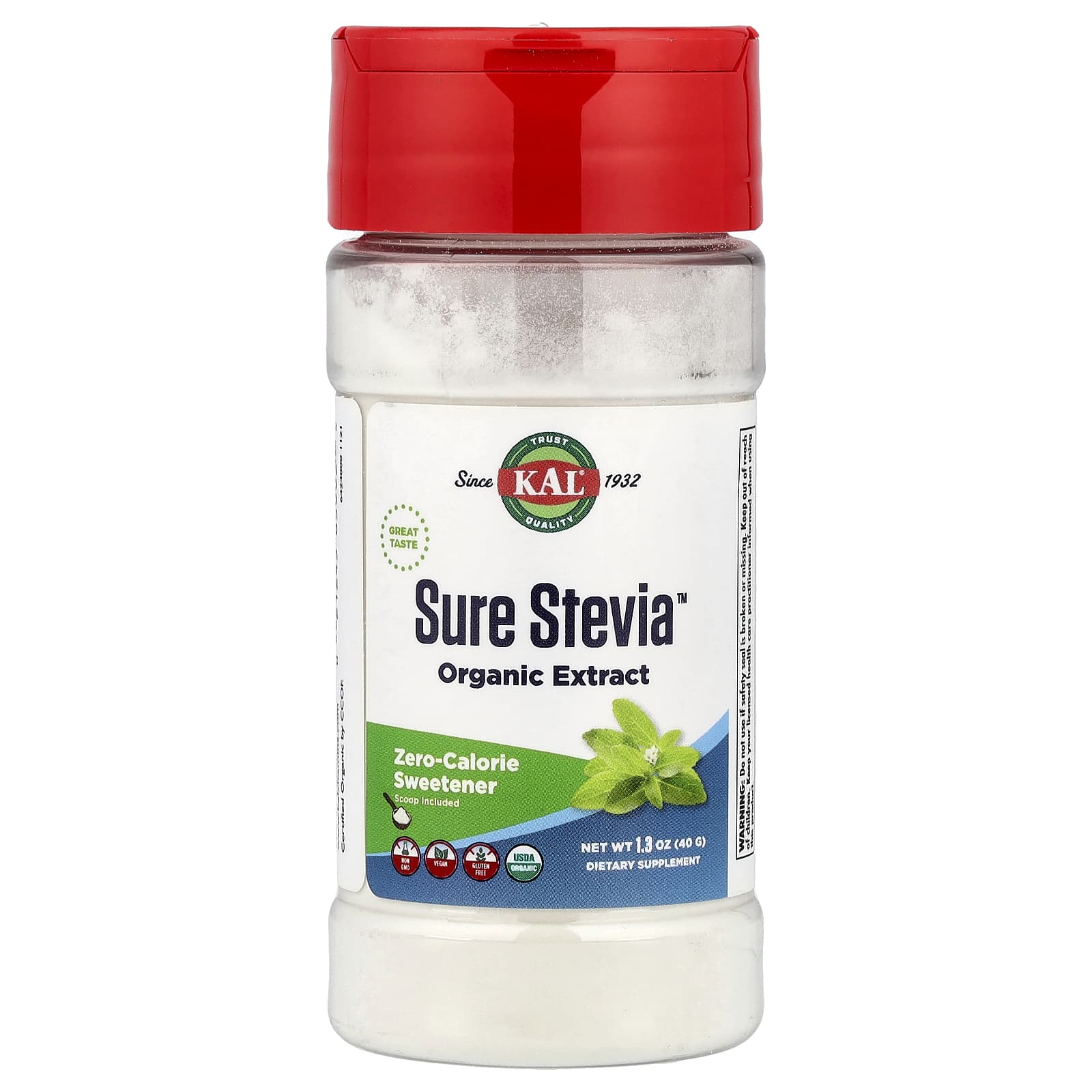 KAL, Organic Sure Stevia™ Extract, 1.3 oz (40 g) - Image 1