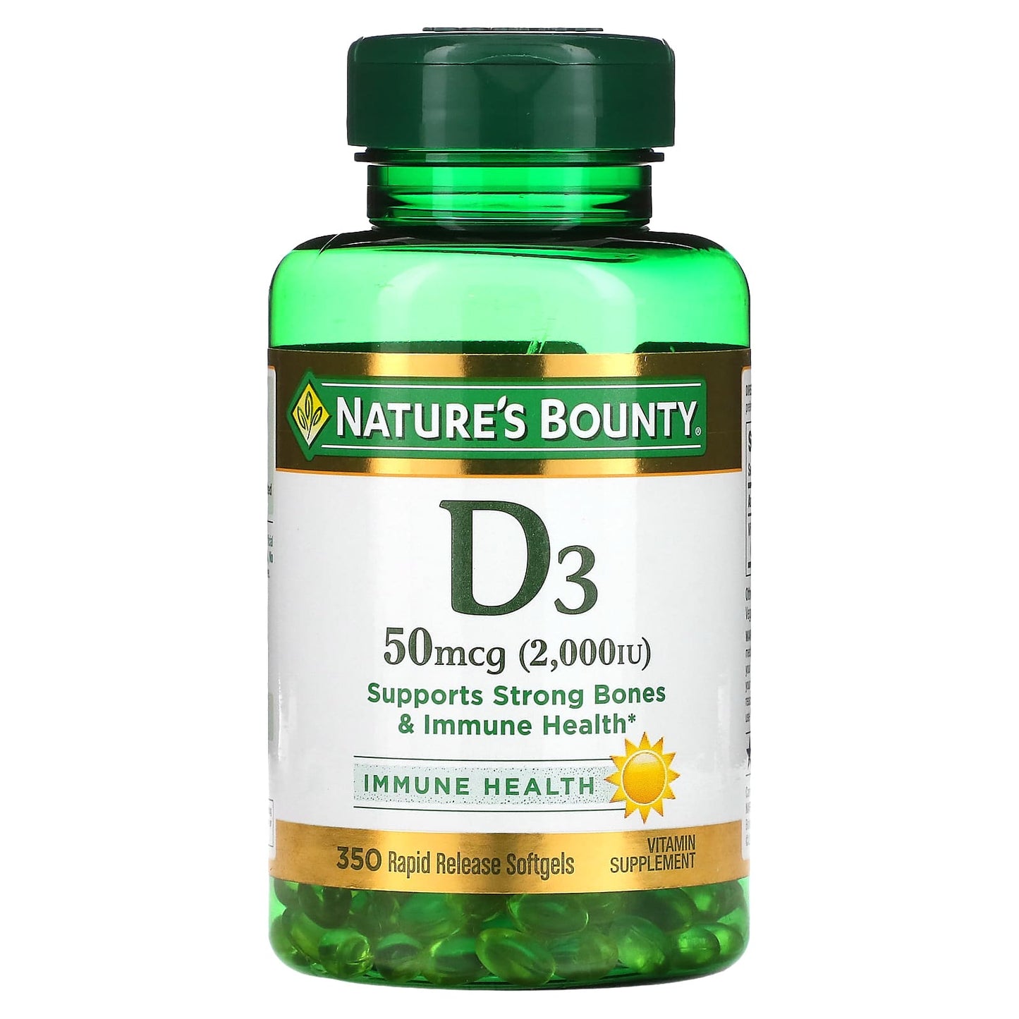 Nature's Bounty, D3, 50 mcg (2,000 IU), 350 Rapid Release Softgels - Image 1