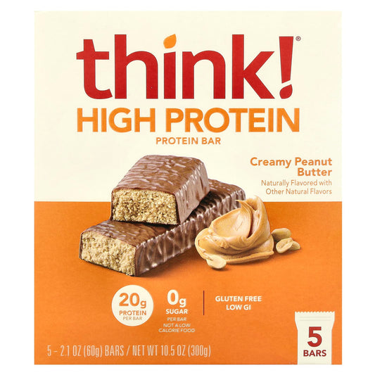Think !, High Protein Bars, Creamy Peanut Butter, 5 Bars, 2.1 oz (60 g) Each - Image 1