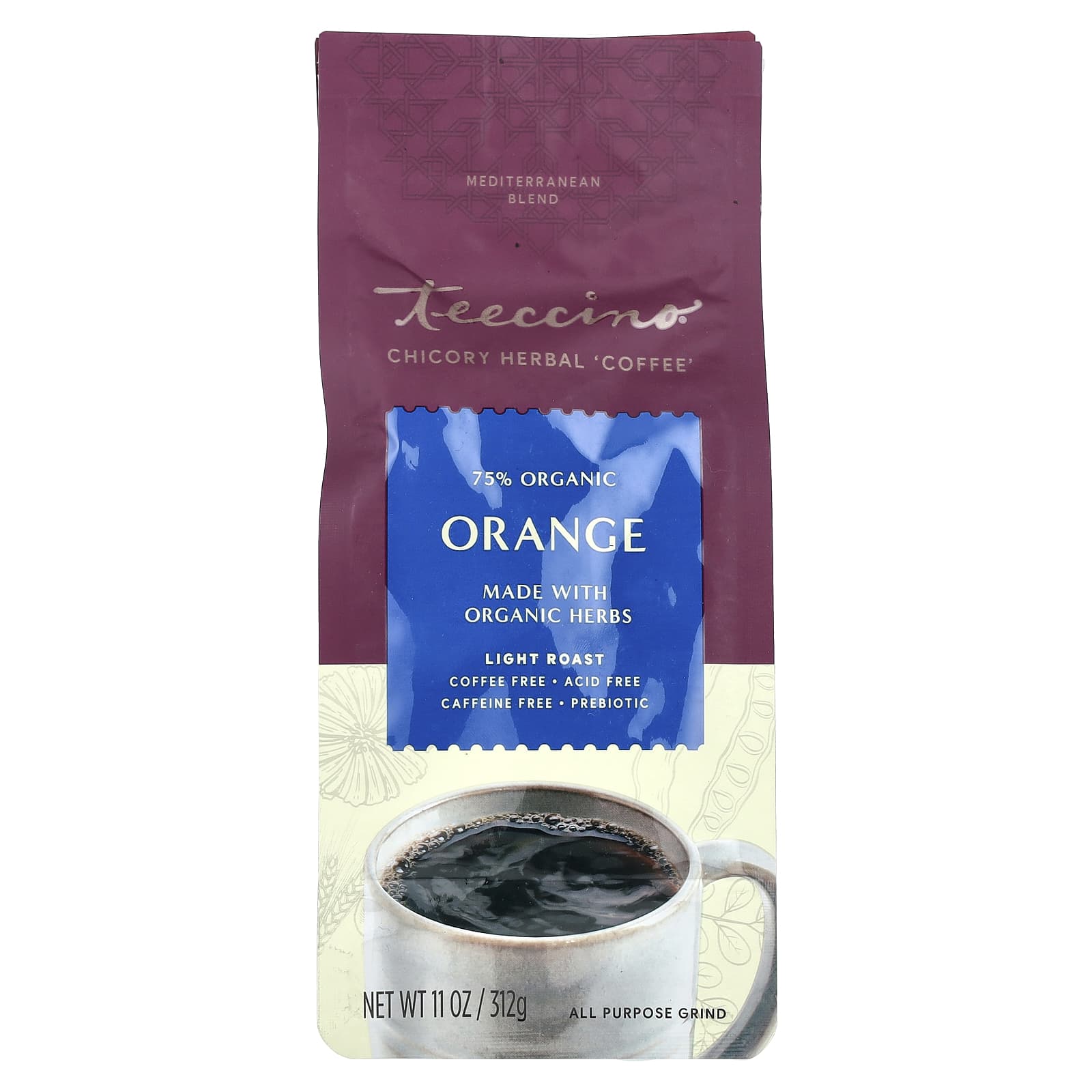 Teeccino, Chicory Herbal Coffee, Orange, Light Roast, Caffeine Free, 11 oz (312 g) - Image 1