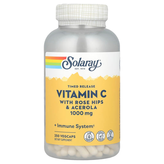 Solaray, Timed Release Vitamin C with Rose Hips & Acerola, 1,000 mg, 250 VegCaps - Image 1