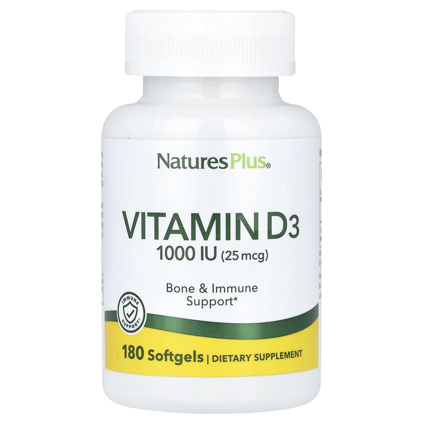 NaturesPlus, Vitamin D3, 25 mcg (1,000 IU), 180 Softgels - Image 1
