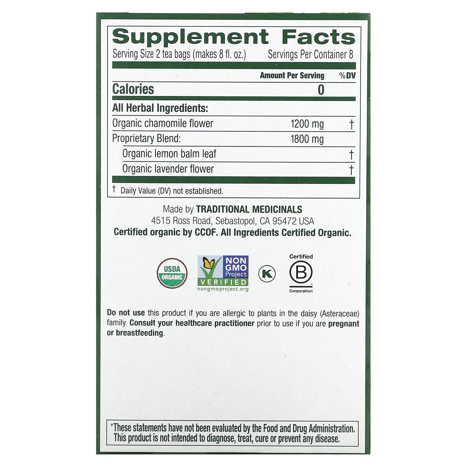 Traditional Medicinals, Organic Chamomile & Lavender, Caffeine Free, 16 Wrapped Tea Bags, 0.85 oz (24 g) - Image 2