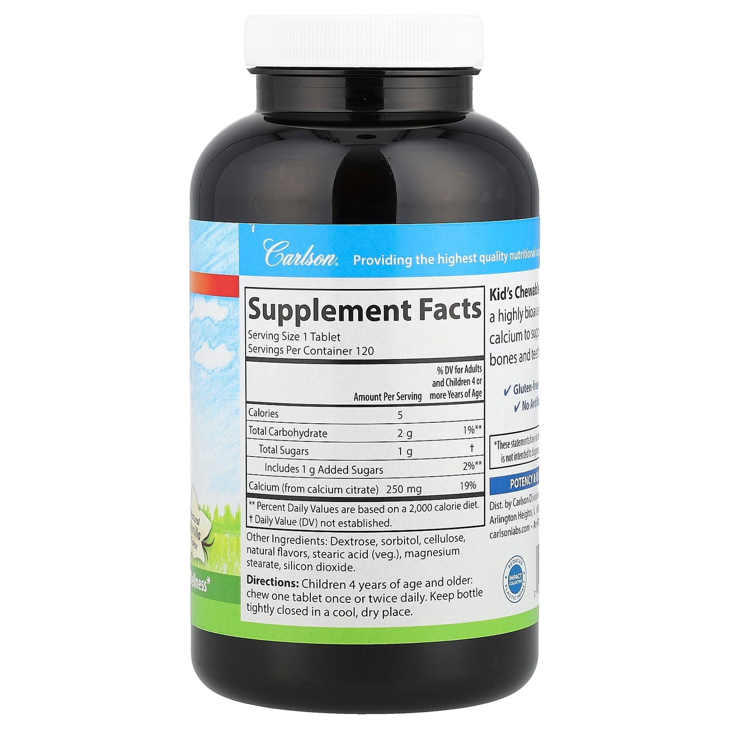 Carlson, Kid's, Chewable Calcium, Natural Vanilla, 250 mg, 120 Tablets