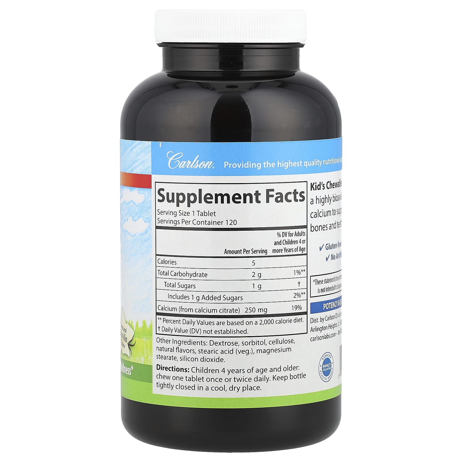 Carlson, Kid's, Chewable Calcium, Natural Vanilla, 250 mg, 120 Tablets
