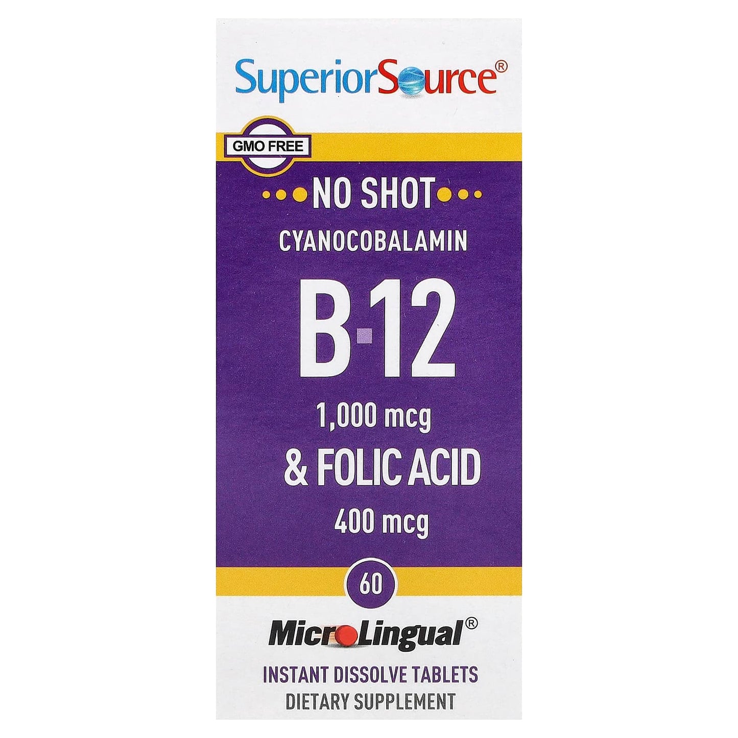 Superior Source, Cyanocobalamin B-12  & Folic Acid, 60 MicroLingual Instant Dissolve Tablets - Image 1
