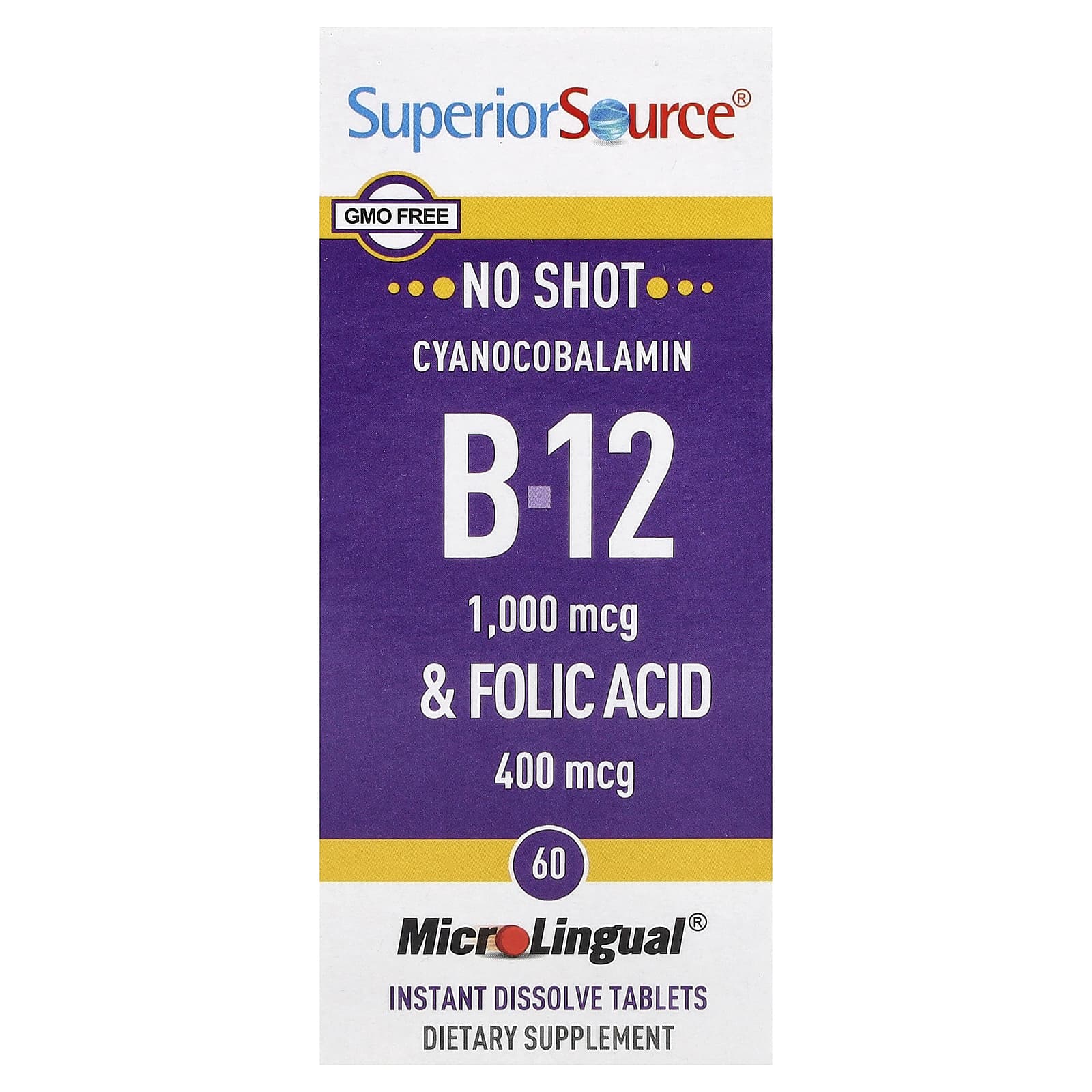 Superior Source, Cyanocobalamin B-12  & Folic Acid, 60 MicroLingual Instant Dissolve Tablets - Image 1