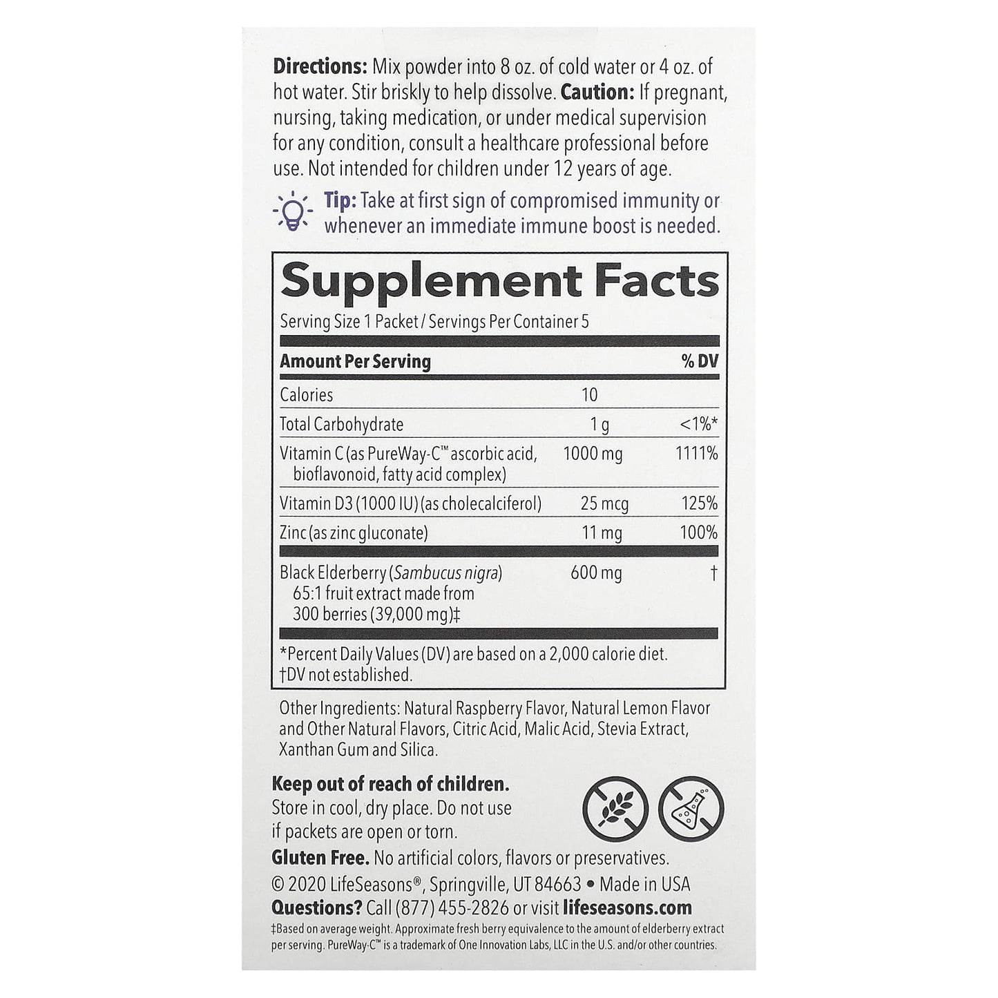 LifeSeasons, Clinical Immunity Elderberry Drink Mix, Berry-Lemon, 39,000 mg, 5 Packets, 3.14 g Each - Image 2