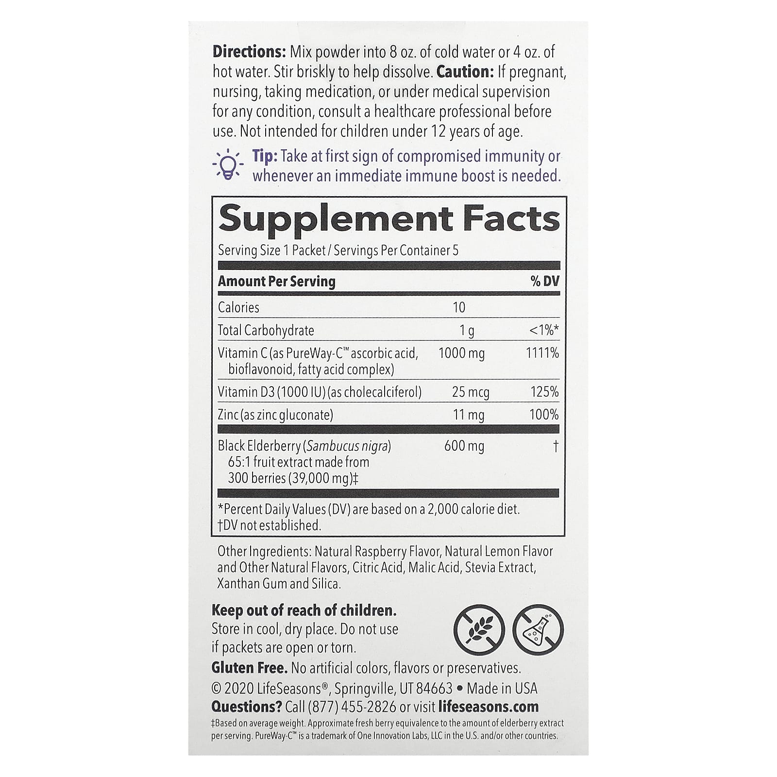 LifeSeasons, Clinical Immunity Elderberry Drink Mix, Berry-Lemon, 39,000 mg, 5 Packets, 3.14 g Each - Image 2