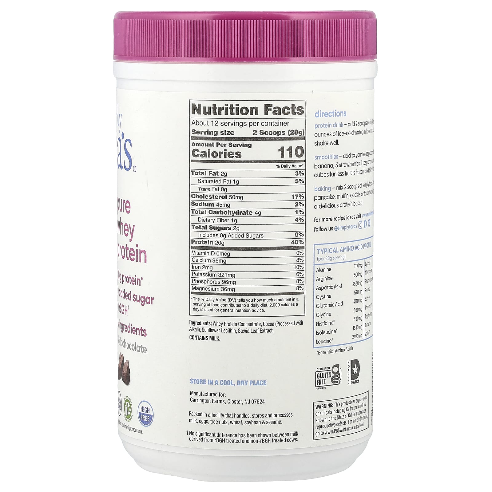 Simply Tera's, Pure Whey Protein, Dark Chocolate, 12 oz (340 g) - Image 2