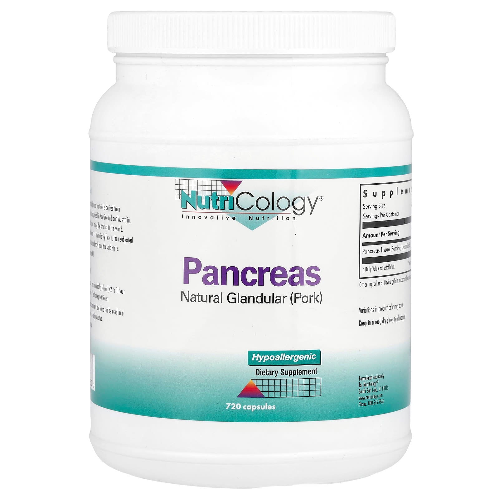 Nutricology, Pancreas, Natural Glandular (Pork), 425 mg , 720 Capsules - Image 1
