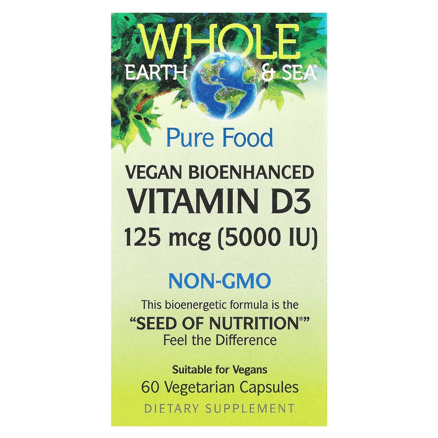 Natural Factors, Whole Earth & Sea®, Vegan Bioenhanced Vitamin D3, 125 mcg (5,000 IU), 60 Vegetarian Capsules - Image 1