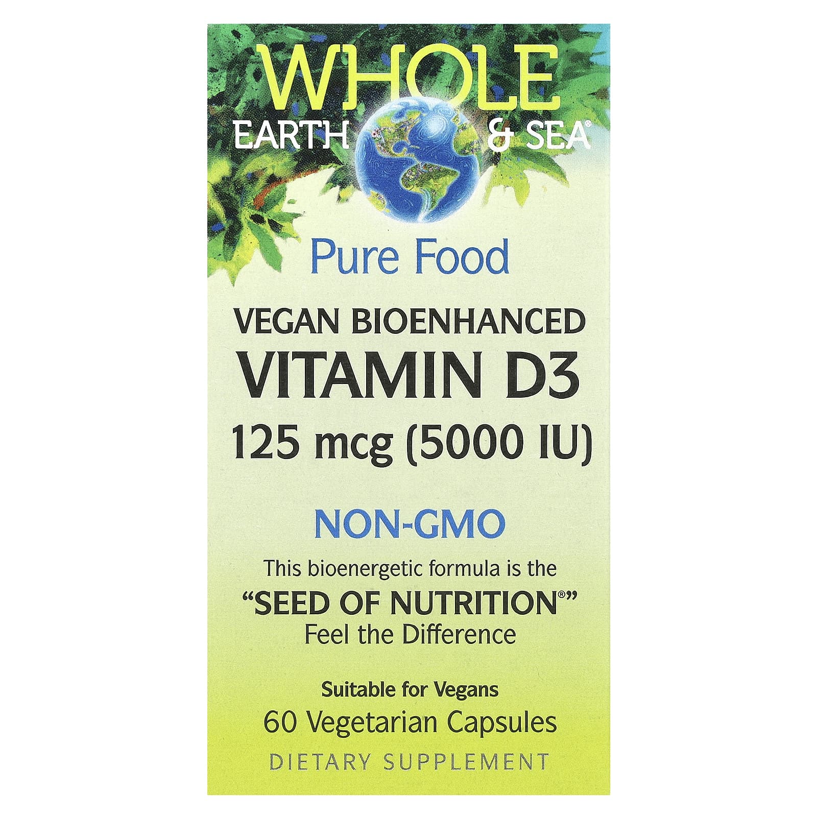 Natural Factors, Whole Earth & Sea®, Vegan Bioenhanced Vitamin D3, 125 mcg (5,000 IU), 60 Vegetarian Capsules - Image 1