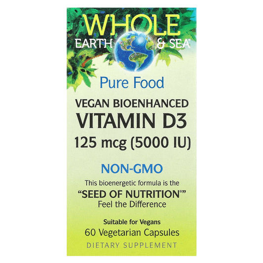 Natural Factors, Whole Earth & Sea®, Vegan Bioenhanced Vitamin D3, 125 mcg (5,000 IU), 60 Vegetarian Capsules - Image 1