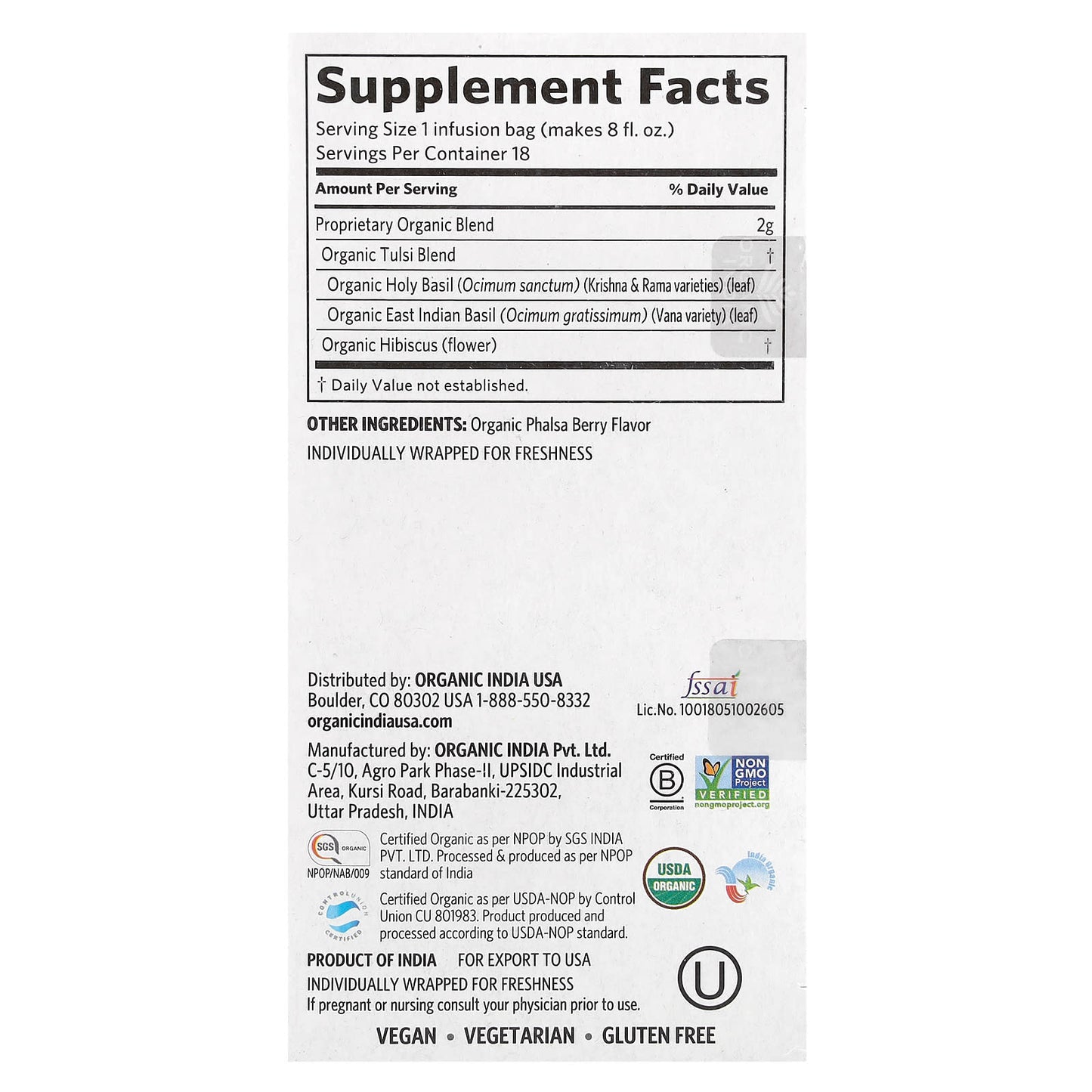 Organic India, Tulsi Hibiscus Tea, Caffeine-Free, 18 Infusion Bags, 1.27 oz (36 g) - Image 2