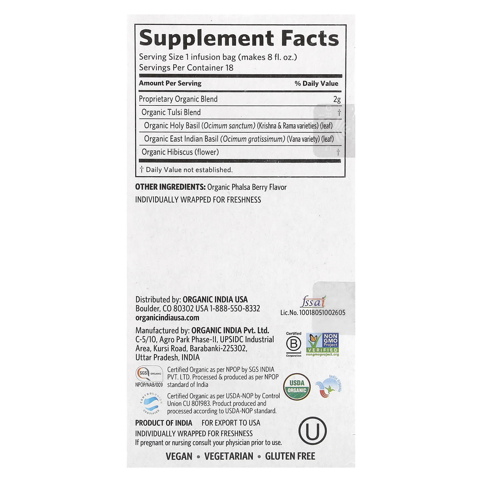 Organic India, Tulsi Hibiscus Tea, Caffeine-Free, 18 Infusion Bags, 1.27 oz (36 g) - Image 2