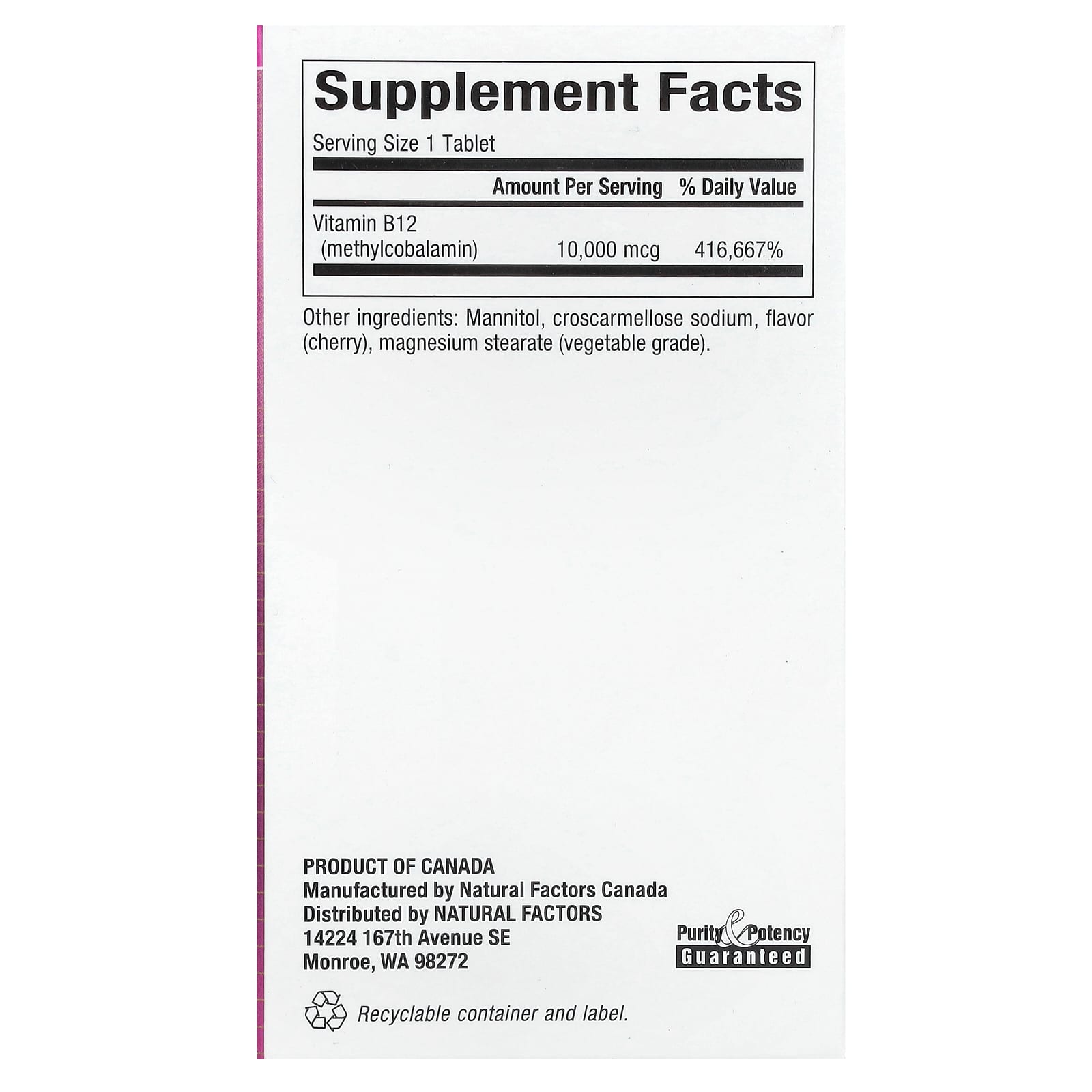Natural Factors, B12 Methylcobalamin, Cherry, 10,000 mcg, 30 Chewable Tablets - Image 2