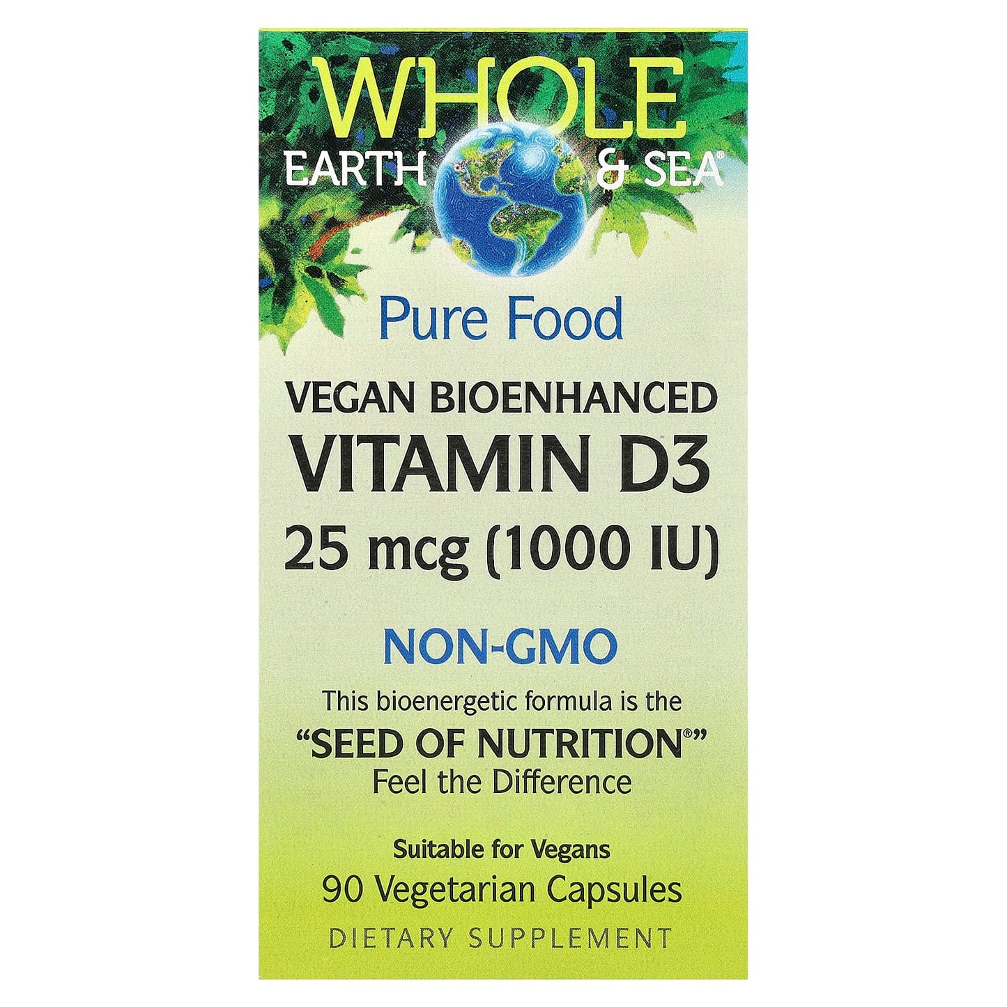 Natural Factors, Whole Earth & Sea, Vegan Bioenhanced Vitamin D3, 25 mcg (1,000 IU), 90 Vegetarian Capsules - Image 1