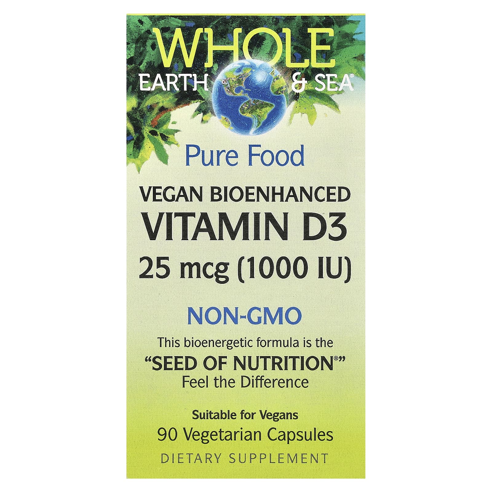 Natural Factors, Whole Earth & Sea, Vegan Bioenhanced Vitamin D3, 25 mcg (1,000 IU), 90 Vegetarian Capsules - Image 1