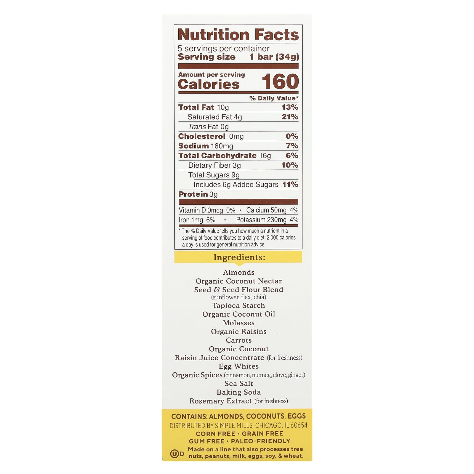 Simple Mills, Soft Baked Almond Flour Bars, Spiced Carrot Cake, 5 Bars, 1.19 oz (34 g) Each - Image 2