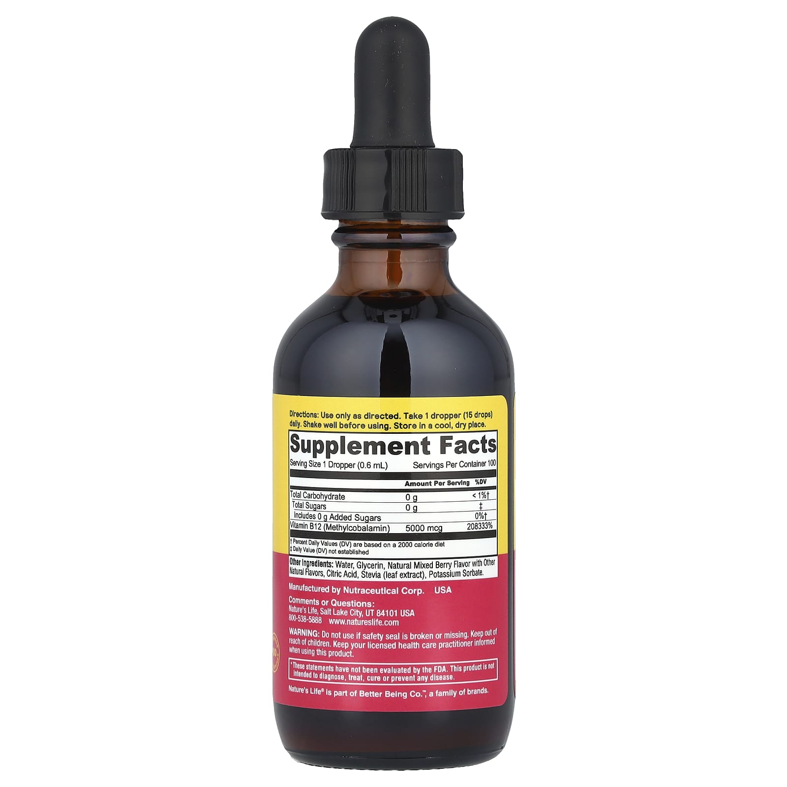 Nature's Life, B-12 Drops, Sugar Free, Mixed Berry, 5,000 mcg, 2 fl oz (60 ml)
