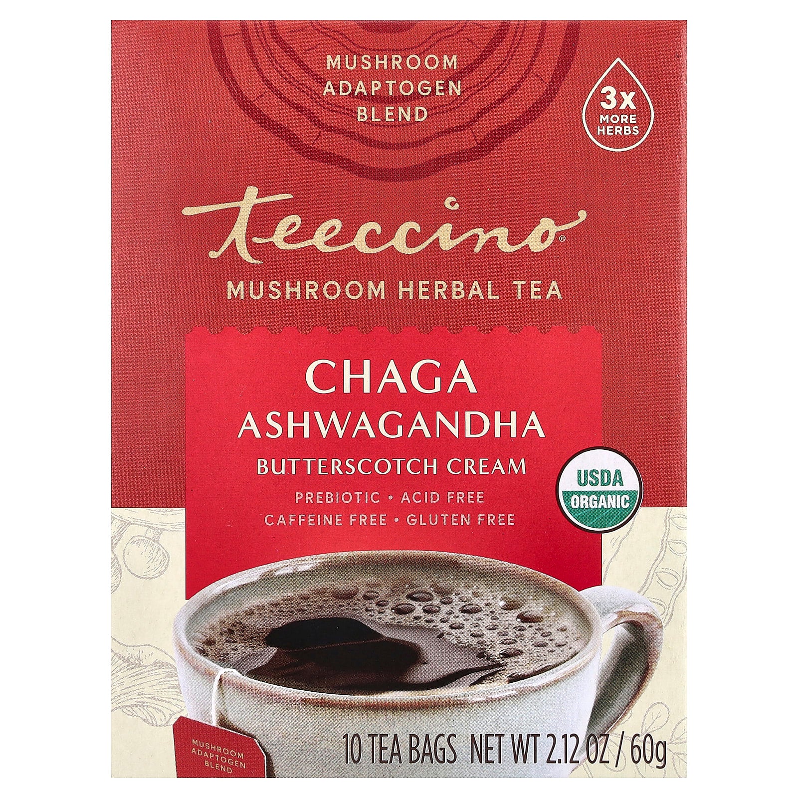 Teeccino, Mushroom Herbal Tea, Chaga Ashwagandha, Butterscotch Cream, Caffeine Free, 10 Tea Bags, 2.12 oz (60 g) - Image 1