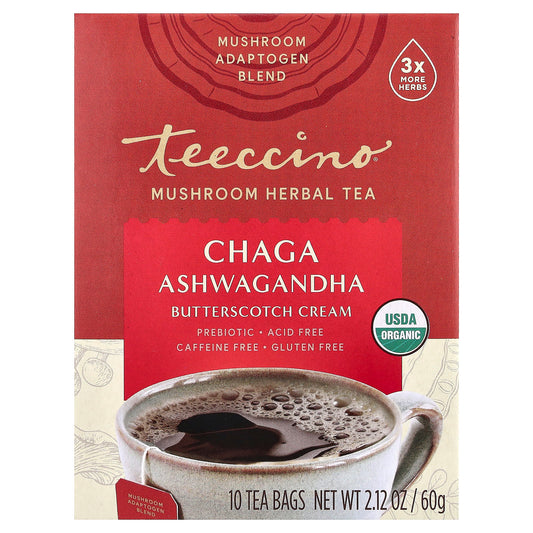 Teeccino, Mushroom Herbal Tea, Chaga Ashwagandha, Butterscotch Cream, Caffeine Free, 10 Tea Bags, 2.12 oz (60 g) - Image 1