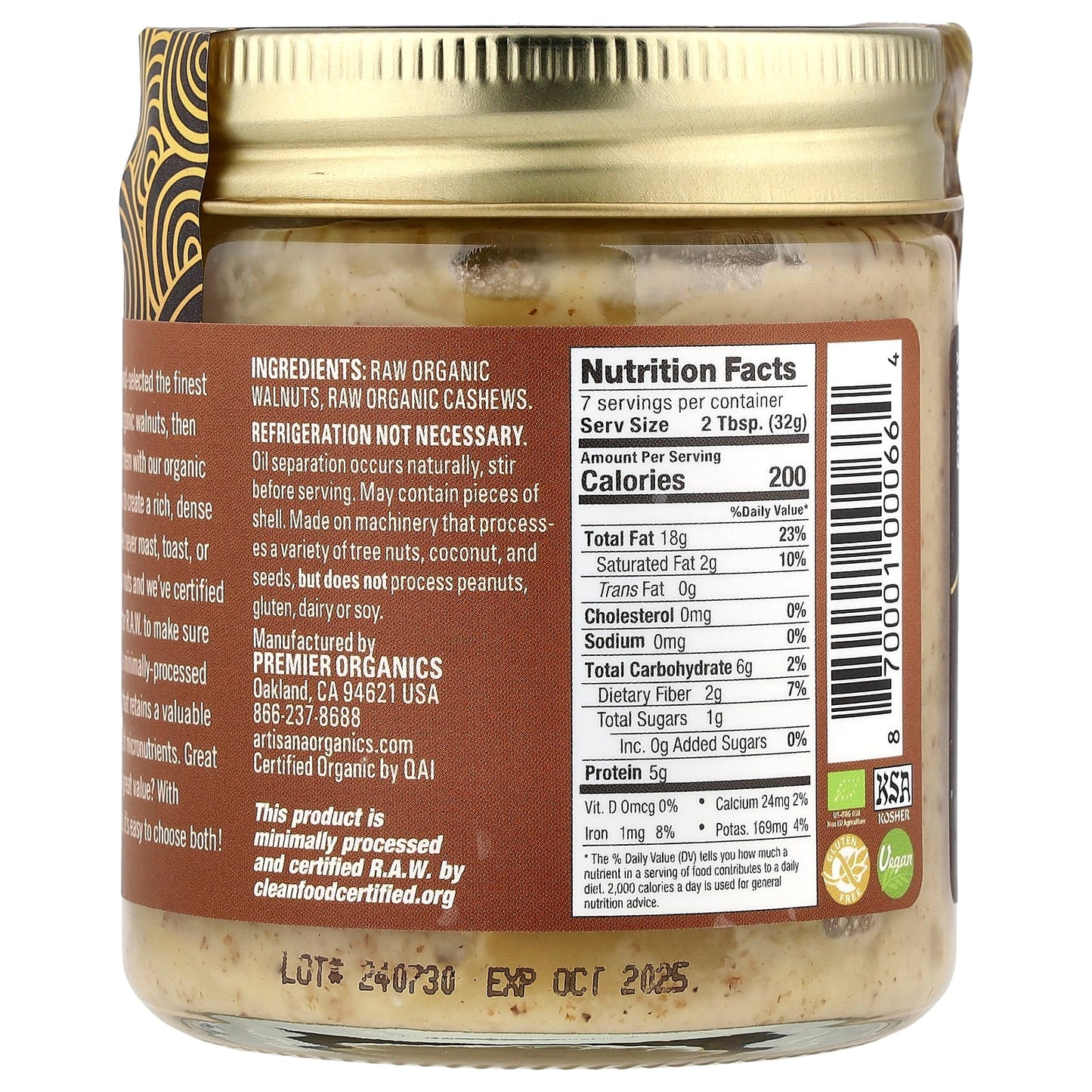 Artisana Organic Raw Walnut & Cashew Butter, USDA Certified, 8 oz (227g) - Image 2