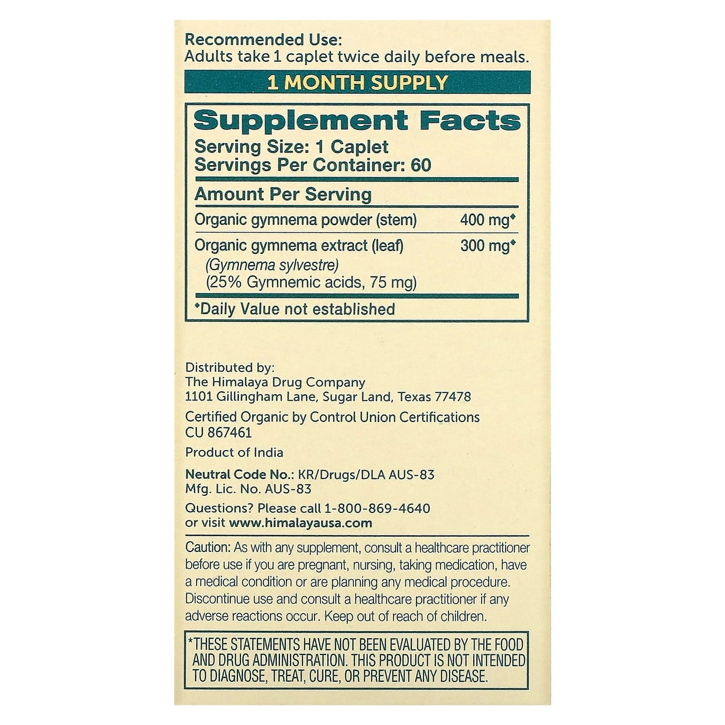 Himalaya Organic Gymnema 60 Caplets - Blood Sugar Balance - Image 2