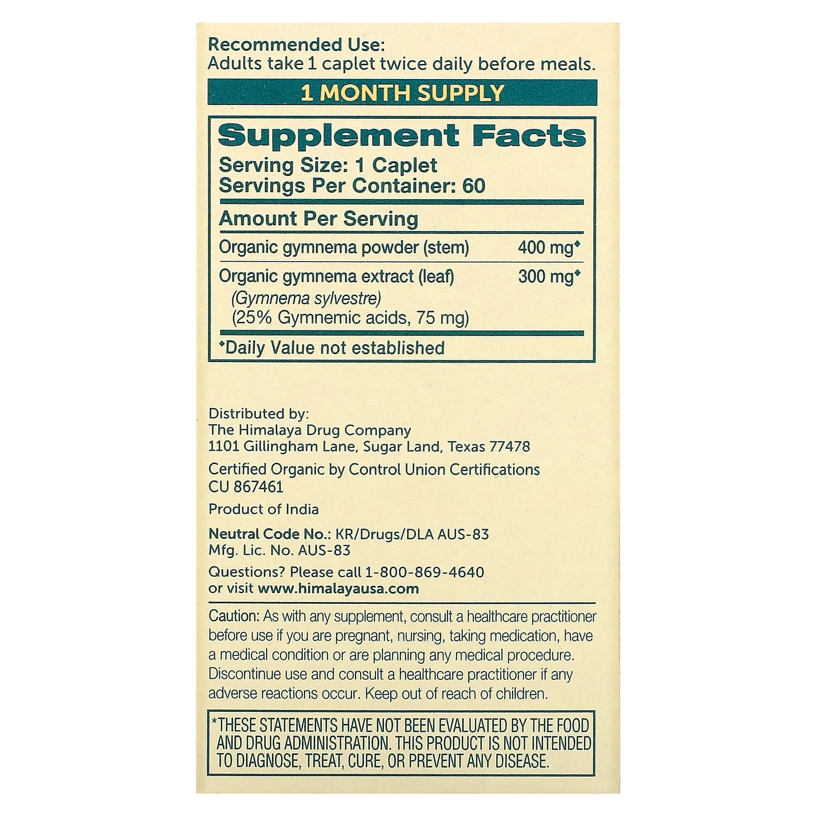 Himalaya Organic Gymnema 60 Caplets - Blood Sugar Balance - Image 2