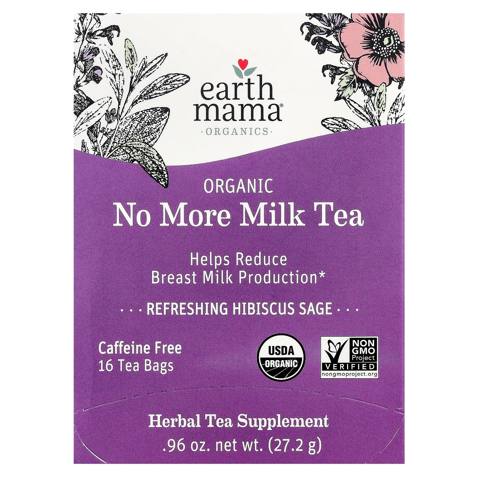 Earth Mama, Organic No More Milk Tea, Refreshing Hibiscus Sage, Caffeine Free, 16 Tea Bags, 0.96 oz (27.2 g)